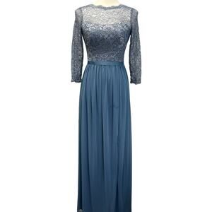 David's Bridal Womens Size 0 Long Sleeve Lacy Blue Long Bridesmaid's Dress